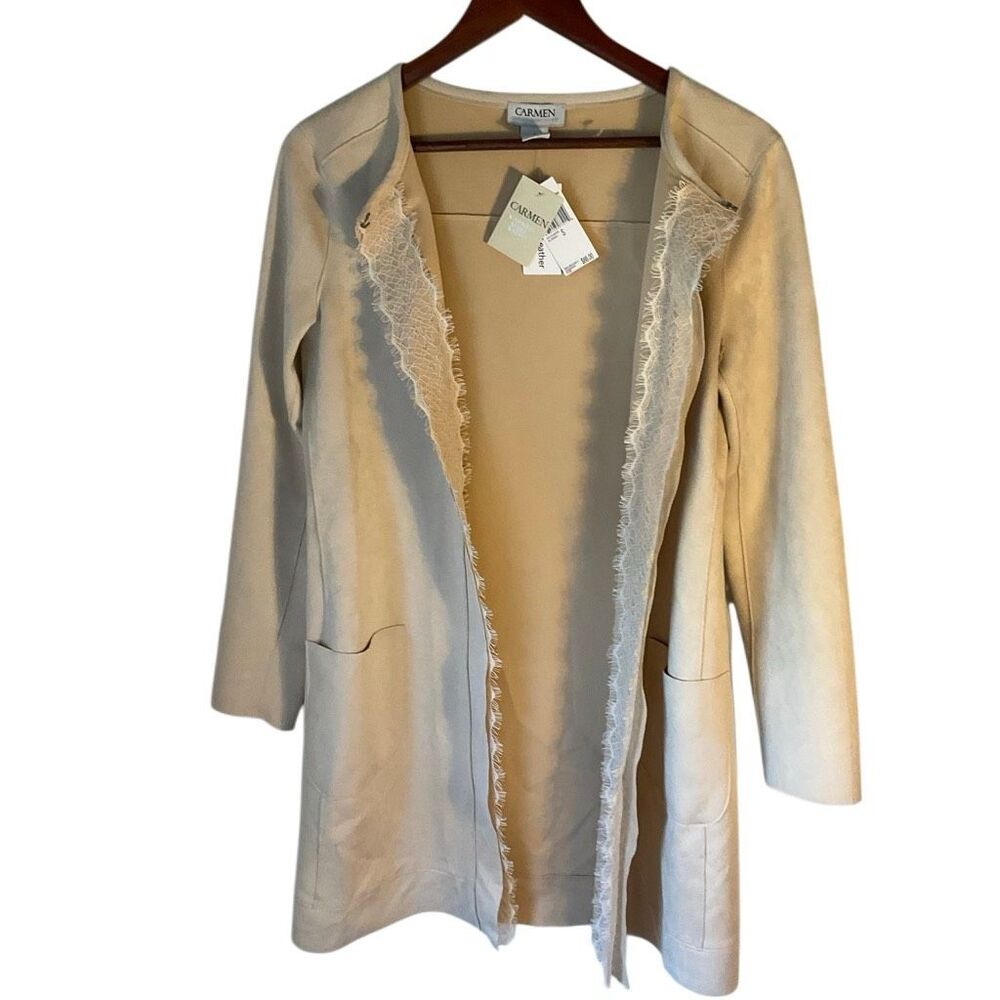 Carmen Marc Valvo Faux Suede Open Jacket with Lace Trim S NWT